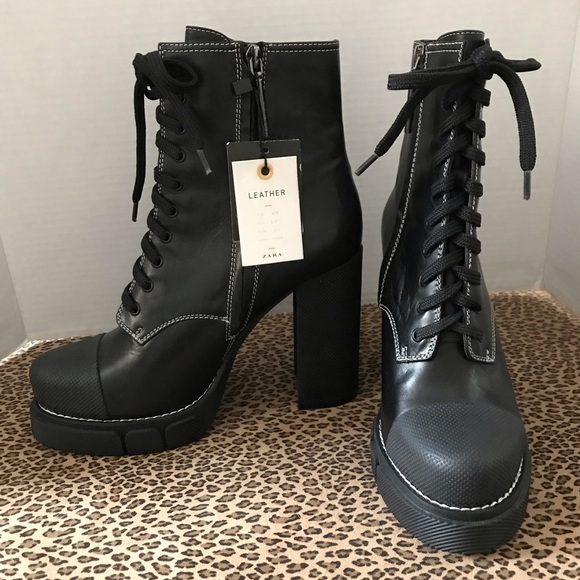 Zara Leather High Heel Ankle Boots Lug Soles Black - Picture 6 of 10